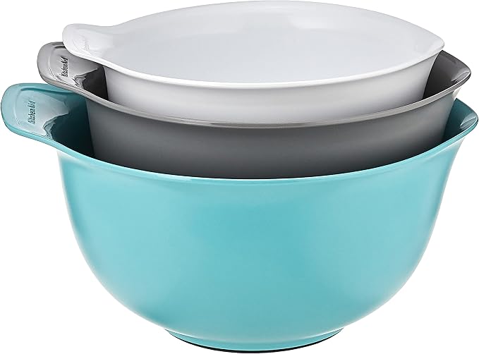 KitchenAid Universal Nesting Plastic Mixing Bowls,Set Of 3,2.5 quart,3.5 quart,4.5-quart,Non Slip Base with Easy Pour Spout to Reduce Mess,Dishwasher Safe,Aqua Sky,White,Gray,(Pack of 2) - Image 2