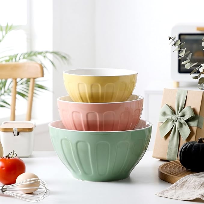 Lareina Ceramic Mixing Bowls Set of 3, Large Nesting Bowls for Serving/Baking/Prepping, Housewarming & Wedding Gift, Oven, Microwave and Dishwasher Safe 3.2/1.7/1.2 Qt, Pastel Color - Image 7