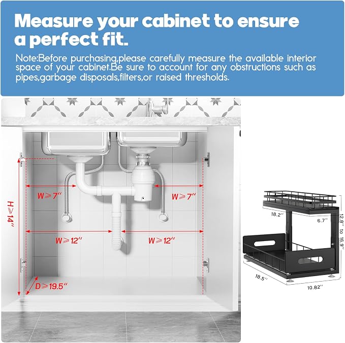 Under Sink Organizer Upgrade To Professional Rails,2-Tier Dual Pull Out Cabinet Storage,Height Adjustable Slide Out Drawers For Bathroom Kitchen,2 Pack-18.5"Dx12.8"-16.9"H,Black - Image 2