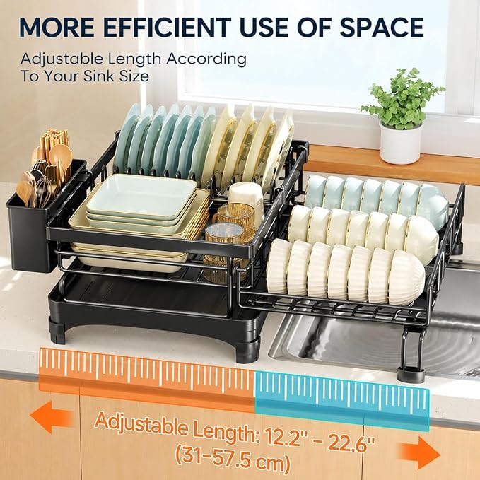 2 Tier Dish Drying Rack, Expandable Dish Rack for Kitchen Counter with 360° Swivel Auto Drain Spout, Large Capacity Dish Drainer with Detachable Utensil Holder, Carbon Steel Kitchen Organizer - Image 3