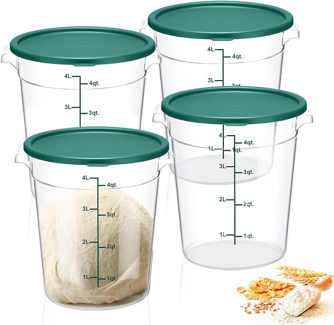 4 Pcs 4 Qt Food Storage Container Bucket with Lids Clear Proofing Containers for Dough Rise Bread with Scale Handle Round Flour Commercial Storage Bucket for Home Restaurant Food(Green) by Suclain
