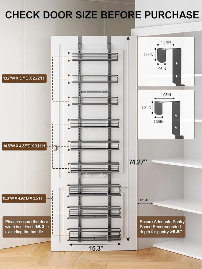 Delamu 9 Tier Over The Door Pantry Organizer, Pantry Organization and Storage, Hanging Spice Rack for Pantry Door Organizer, Metal Pantry Door Shelves for Kitchen Bathroom Laundry Room,15.3" Black - Image 2