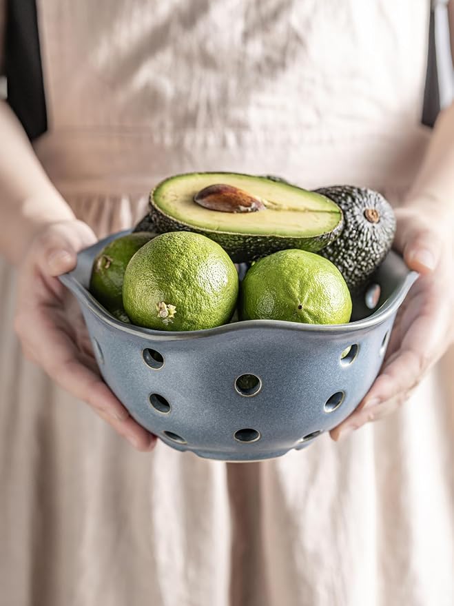 Gomakren Fruit Basket Set of 2, Ceramic Fruit Bowl Berry Basket with Holes, 7.6 Inch Fruit Containers Colander for Fridge - Farmhouse Kitchen Decor, Slate Blue - Image 7