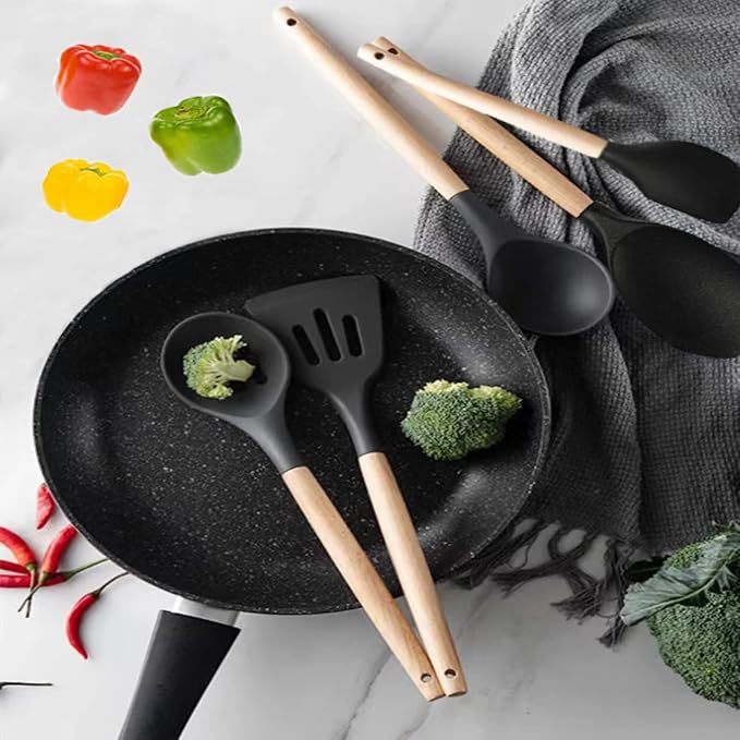 Non-Stick Silicone Cooking Utensils Set, 5 Pcs with Wooden Handle, Heat Resistant Silicone Kitchen Gadgets (Black) - Image 7