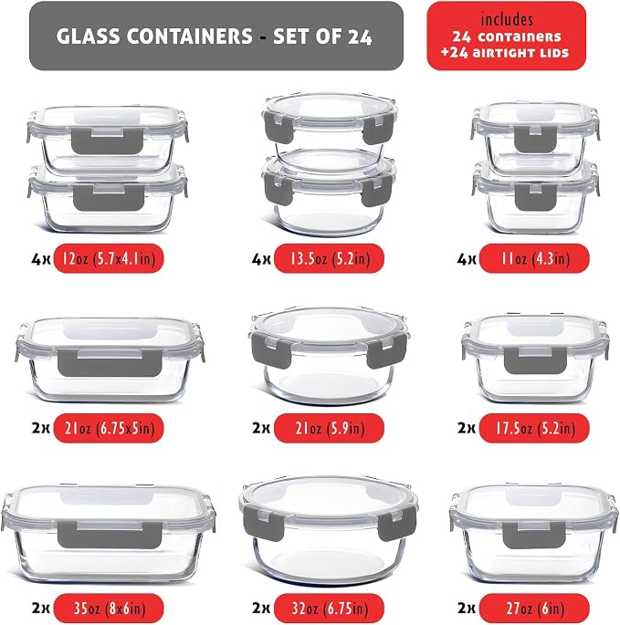EATEX 48pc Glass Storage Containers with Lids, 24 Glass Food Storage Containers with 24 Airtight Lids for Pantry & Kitchen, Meal Prep Containers for Lunch, Oven Freezer Microwave & Dishwasher Safe - Image 3
