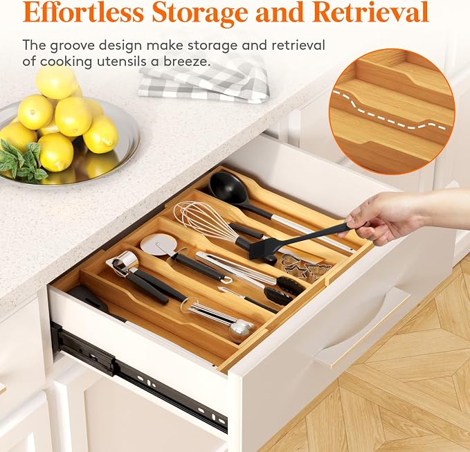 Lifewit Utensil Organizer for Kitchen Drawer, Expandable Cooking Utensil Tray, Cutlery Silverware Flatware Holder, Wood Adjustable Spatula Tools Storage Divider, 12.6-22.8x14/ 32-58x35.6cm, Natural - Image 7