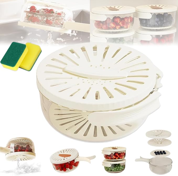 2026 New 2-in-1 Draining and Preservation Basket: Simplify Washing & Storing, Multifunctional Fruit and Vegetable Washing Bowl, Drain & Freshness Basket with Foldable Handle, Strainer, Lid (White, L) by hwqsad