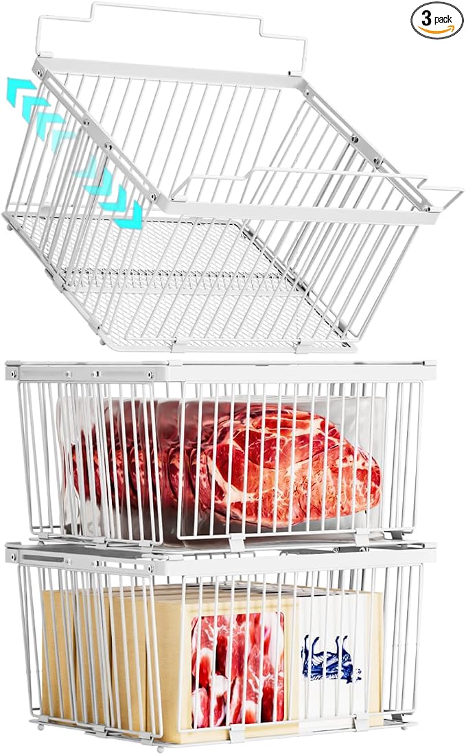 Large Freezer Organizer Bins for 5 to 9 Cu.Ft,3Pack , Leak-Proof Bottom | ANJUBANFreezer Organizer Bins, Stackable,expandable,foldable,With handle Wire Storage Container Baskets for Sort Frozen Meats by ANJUBAN