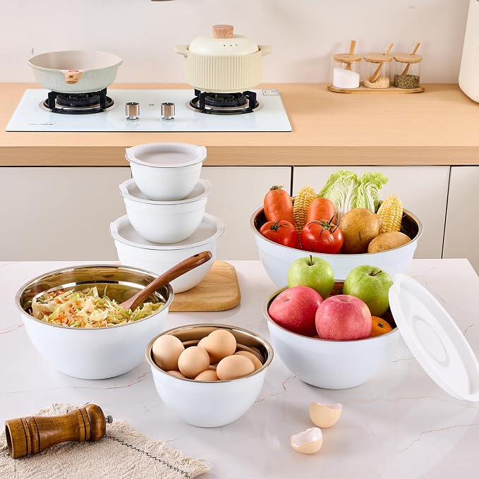 White Mixing Bowls with Airtight Lids, Stainless Steel Nesting Mixing Bowls Set of 7, Ideal for Baking, Prepping and Serving Food, Size 7, 3.6, 2.7, 2.1, 1.5, 1.1,0.8 QT, Stackable Design - Image 9
