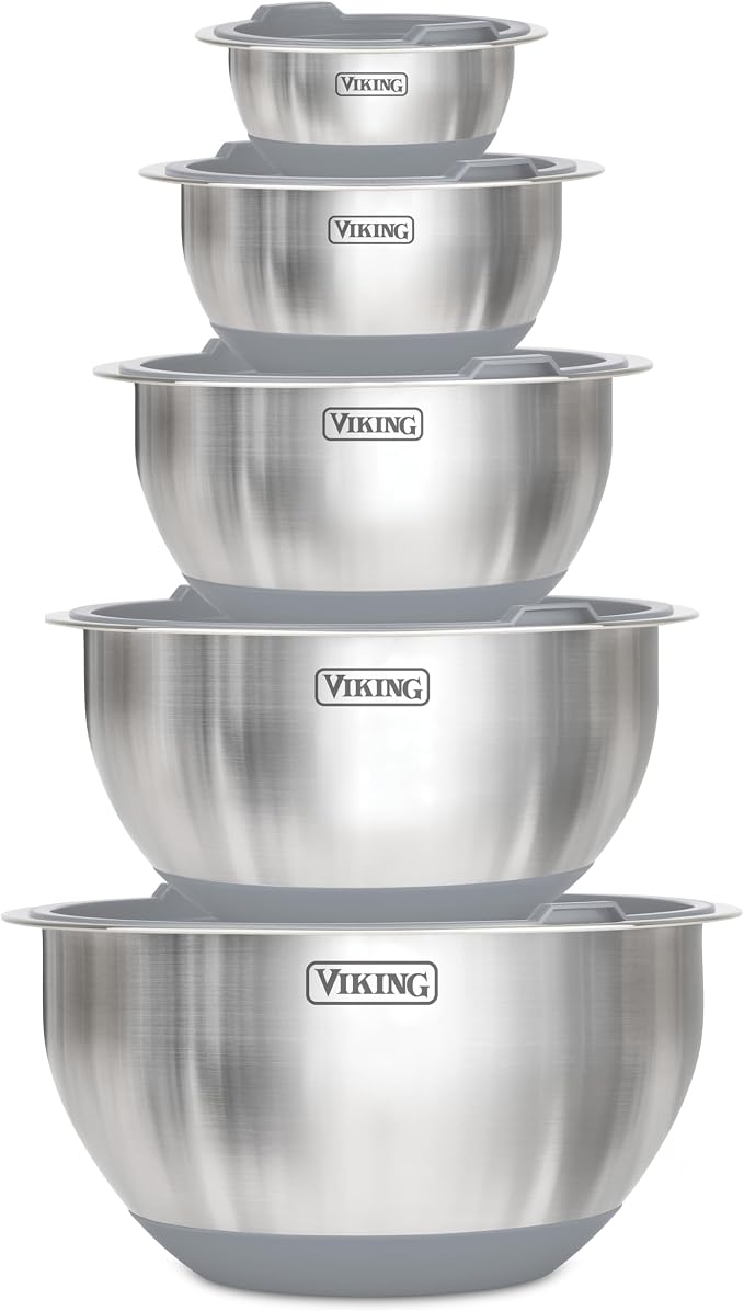 Viking Mixing Bowls Set, 10 Piece Stainless Steel Kitchen Cookware, Non-Slip Silicone Base, Includes Tight Fit Lids, Dishwasher Safe, Grey by Unknown