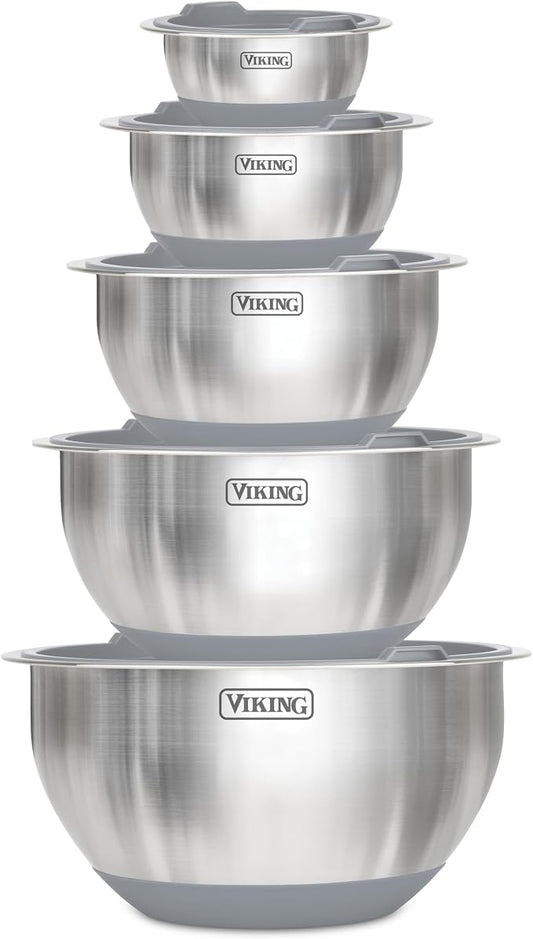Viking Mixing Bowls Set, 10 Piece Stainless Steel Kitchen Cookware, Non-Slip Silicone Base, Includes Tight Fit Lids, Dishwasher Safe, Grey by Unknown
