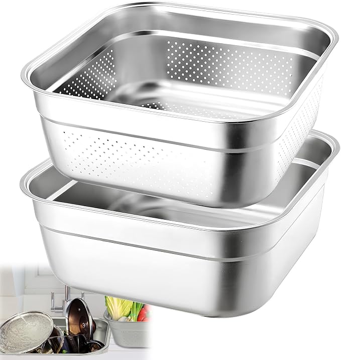 2-in-1 Stainless Steel Washing Up Bowl Set, 12.8" Sturdy Square Dish Tub with Colander, Fruit Vegetable Washing Basin for Sink, Food Grade Dishpan for Draining Rice, Pasta, Food Strainer Mixing Bowl by YEXEXINM