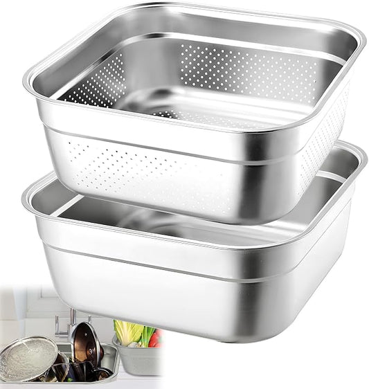 2-in-1 Stainless Steel Washing Up Bowl Set, 12.8" Sturdy Square Dish Tub with Colander, Fruit Vegetable Washing Basin for Sink, Food Grade Dishpan for Draining Rice, Pasta, Food Strainer Mixing Bowl by YEXEXINM