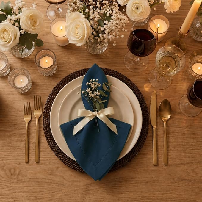 Signature Linen™ by D'Moksha Navy Blue Dinner Napkins Set of 4, 20 x 20 Inch Cloth Napkins, 100% Pure Linen, Hemstitch, Machine Washable Table Napkins- Summer, Weddings, Outdoor hostings - Image 2