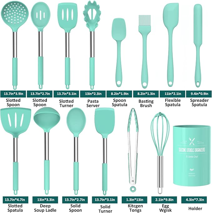 Silicone Cooking Utensil Set, Umite Chef 15pcs Silicone Cooking Kitchen Utensils Set, Non-stick - Best Kitchen Cookware with Stainless Steel Handle - Green - Image 2