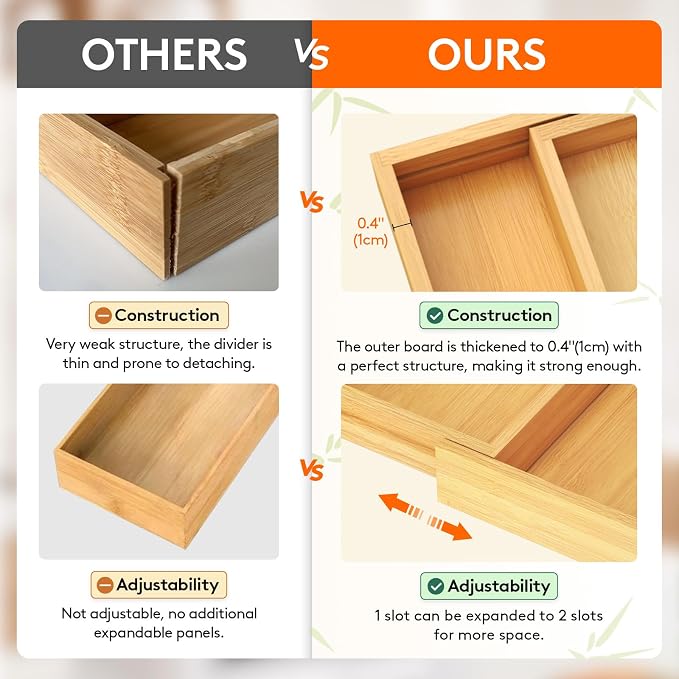 Lifewit Utensil Organizer for Kitchen Drawer, Expandable Cooking Utensil Tray, Cutlery Silverware Flatware Holder, Wood Adjustable Spatula Tools Storage Divider, 7-12 x 15.75", Natural - Image 4