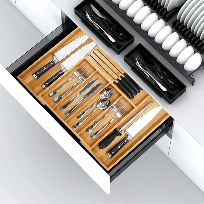 VaeFae Bamboo Silverware Drawer Organizer with Knife Block Set - Image 7