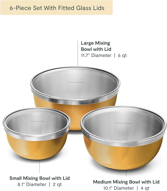 Caraway 7-Piece Mixing Bowl Set with Lids and Lid Storage Organizer | 6 qt, 4 qt, 2 qt Stainless Steel Bowls with Tempered Glass Lids, Non-Toxic, PFAS-Free, Marigold - Image 2