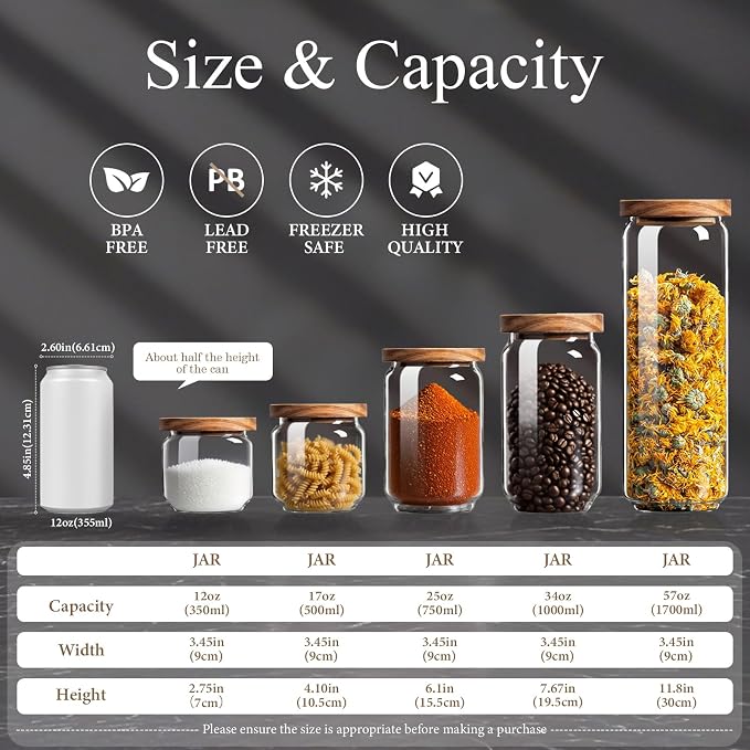 Glass Jars with Airtight Wood Lids - 57 OZ Large Tall Kitchen Pantry Storage Containers, Decorative Canister for Pasta, Spaghetti, Fusilli, Noodles, Coffee Beans, Oats, Cereal, Tea, Nuts, Set of 2 - Image 2