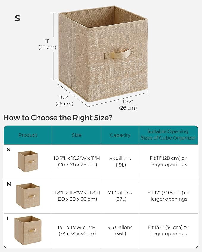 SONGMICS Storage Cubes, 11-Inch Non-Woven Fabric Bins with Double Handles, Set of 6, Closet Organizers for Shelves, Foldable, for Clothes, Sand Beige UROB026K03 - Image 6