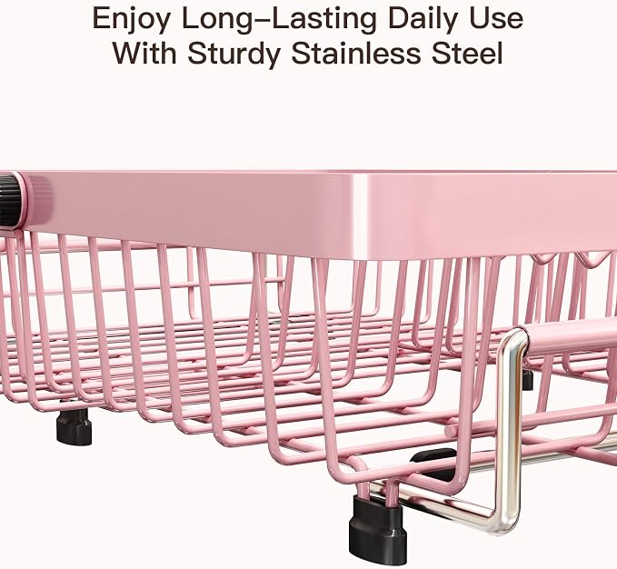 Pink Dish Drying Rack Over The Sink with Utensil Holder | Expandable Stainless Steel Dish Drainer for Small Kitchen, Apartment, RV, Counter Space Saving, Perfect Fit, Rustproof - Image 5