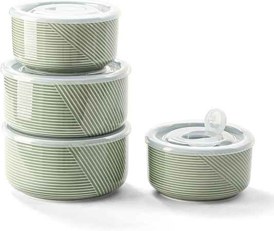 Ceramic Nesting Bowls with Lid, Microwave Safe, Set of 4, Green | Food Storage Containers for Work Lunch Picnic Camping Meal Prep Soup Salad Cereal Leftovers - 5 & 6 Inch, 20 & 32 oz by Adewnest