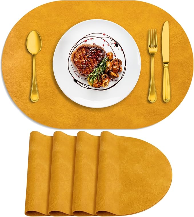 ADRIMER Placemats, Heat Resistant Oval Placemats Set of 4 Washable 12 x 17 Inch, Waterproof Table Mats, Wipeable Pu Place Mats for Kitchen, Dining Room, Yellow by Adrimersdreamistobeanindispensablecompanioninyourlife