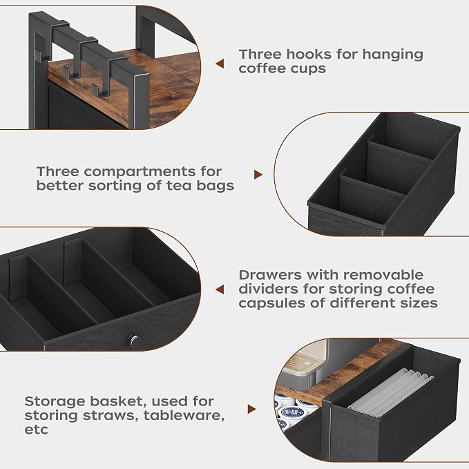 Homeiju Coffee Pod Drawers - K Cup Organizer, Nespresso Pods Holder with Mug Rack, Coffee Holder for Countertop, 52 Capacity Pods, Suitable for Kitchens, Offices and Coffee Bars(Brown) - Image 8