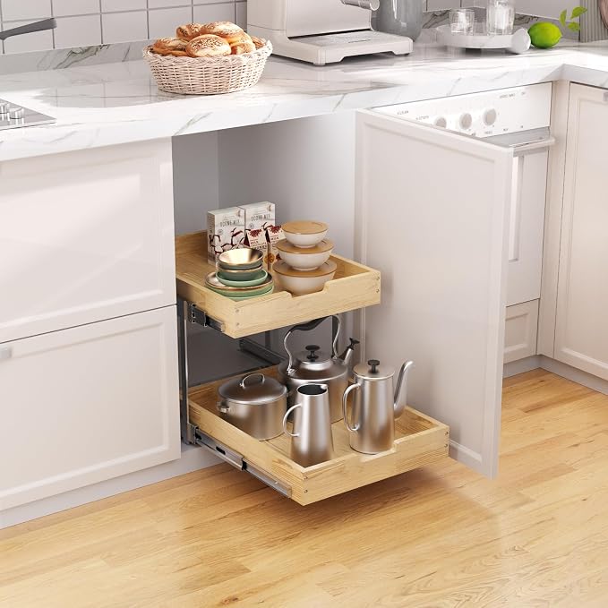 Sikarou Wood Pull Out Cabinet Organizer 2 Tie 14" W x 21" D, Heavy-Duty Sliding Drawers for Inside Cabinets Storage and Organization for Kitchen, Pantry, Bathroom - Image 4