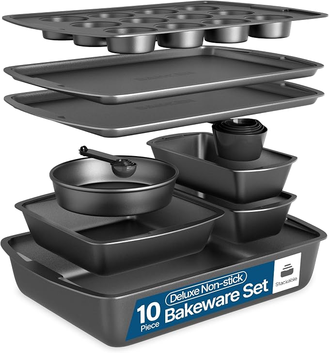 Gray 10-Piece Bakeware Sets, Nonstick Carbon Steel Baking Sheet & Pans, Stackable Space-Saving Bakeware, Dishwasher Safe, Stain-resistant, PFOAPFOSPTFE Free, Oven Safe Up To 450°F (230°C) by Unknown