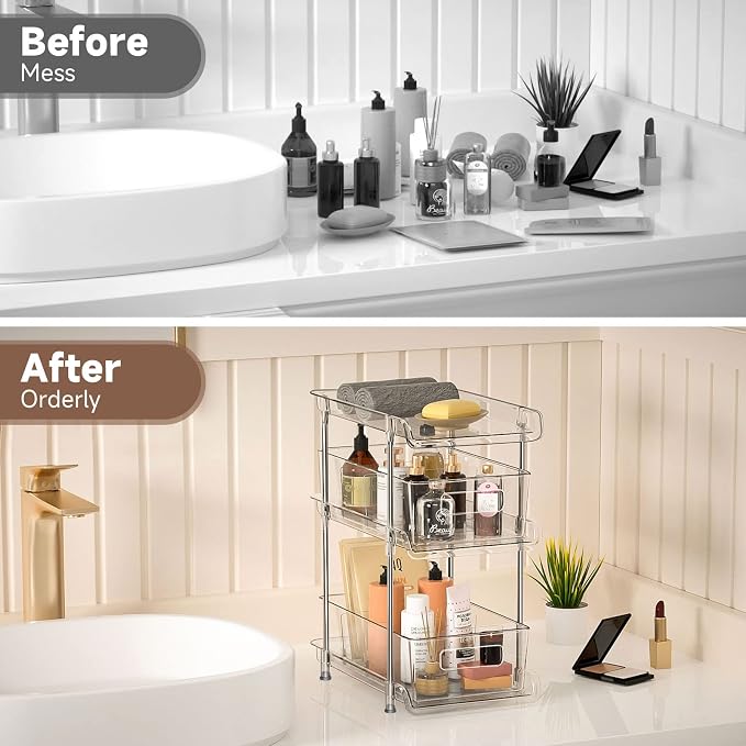 3 Tier Clear Bathroom Organizer with Dividers, Multi-Purpose Pull-Out Pantry Organization and Storage, Under Sink Closet Organizers and Storage, Vanity Skincare Cosmetic Organizer Medicine Bins - Image 5