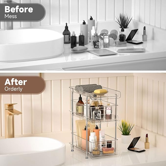 2Set 3 Tier Clear Bathroom Organizer with Dividers, Pull-Out Pantry Organization and Storage, Multi-Purpose Under Sink Organizers and Storage, Vanity Skincare Cosmetic Closet Organizer Medicine Bins - Image 6