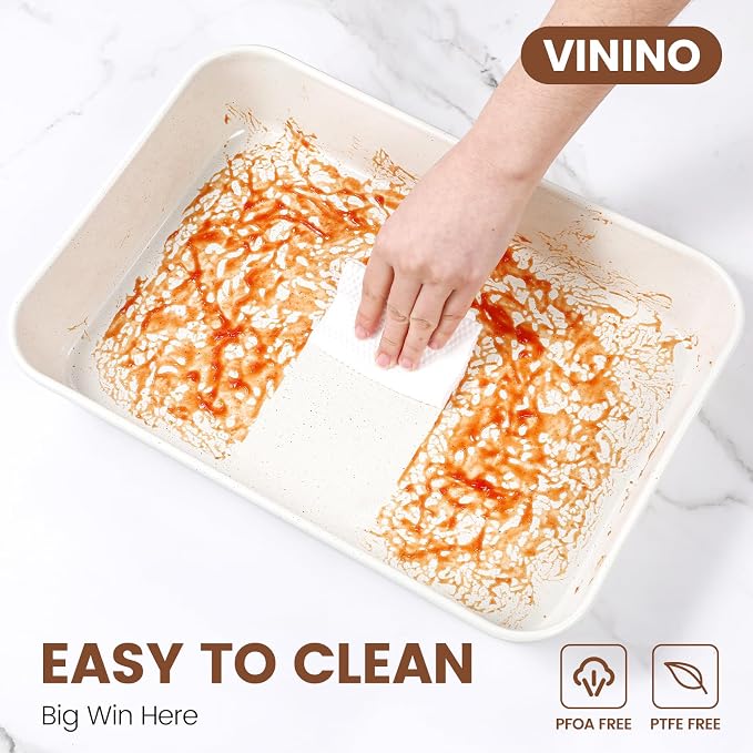 Vinino 8-Piece Baking Pans Set Nonstick, Bakeware Set includes Silicone Muffin, Loaf, Cake Pans with Metal Reinforced Frame, and Carbon Steel Roasting Pan, Cookie Sheet, Cooling rack for Oven-Cream - Image 5