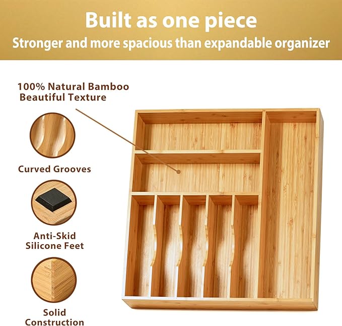 Large Kitchen Drawer Organizer, 19"x20" Silverware Utensils Organizer, 2.5" High for Large Deep Drawers, Bamboo Flatware Holder with Thick Frames, Sturdy Kitchen Organization Tray - Image 2