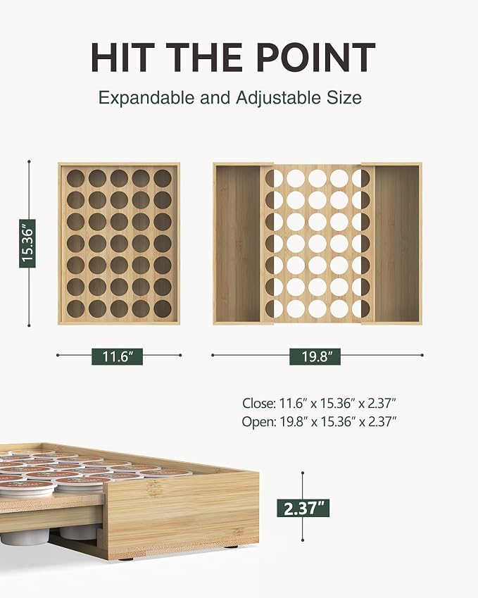 Expandable Bamboo Coffee Pod Drawer Holder 35 Pods | 11.6-19.8" W x 15.36" D x 2.37" H, Compatible with K Cup, keurig Pod Organizer Tea Bag Storage for Countertop Display - Image 2
