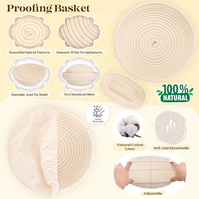 Sourdough Starter Kit with Bread Proofing Baskets, Jars, Baking Essentials | 9 in Round & 10 in Oval Baskets Set, Sourdough Bread Baking Supplies, Sour dough Beginner Kit Gifts for Bakers Women Wife Mom - Image 5