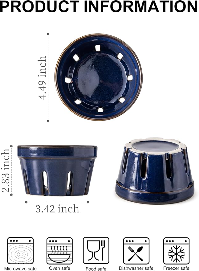 Gomakren Ceramic Berry Bowls with Holes Set of 2 for Fridge, Cobalt Blue | Drain holes keep fruits fresh, stackable, wash & serve, round strawberry basket for fridge kitchen counter, lovely home gift - Image 2