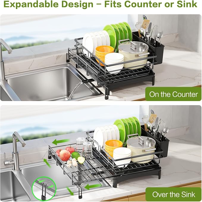 Expandable Over Sink Dish Drying Rack (12.6"-20.5"), Rustproof Metal Dish Drainer with Auto-Draining Tray & Utensil Holder, Large Capacity Sink Organizer for Kitchen Counter, Fits Most Sinks - Black - Image 3