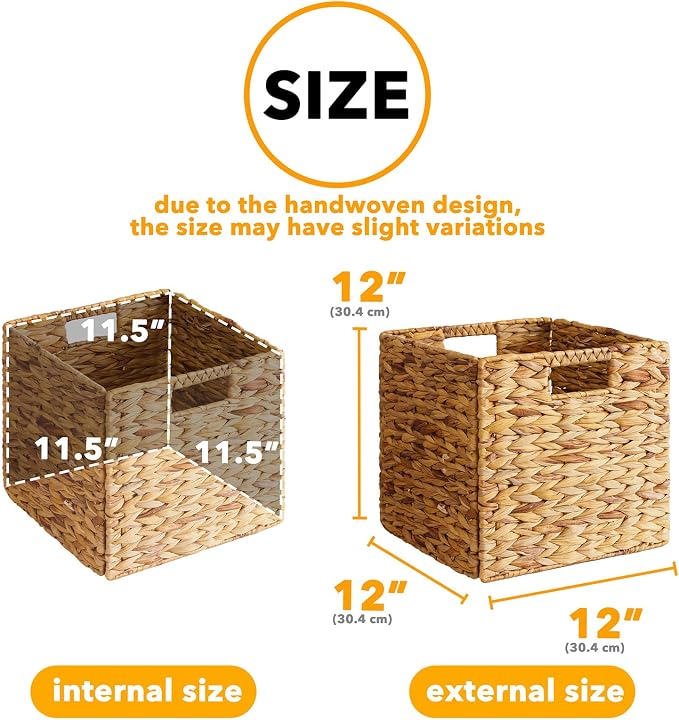 SpaceAid 4 Pack Wicker Basket, Storage Baskets for Organizing, Woven Rattan Basket with Handles for Shelves, Water Hyacinth Large Cube Organizer Storage Bin, 12x12x12 inch, Natural - Image 3