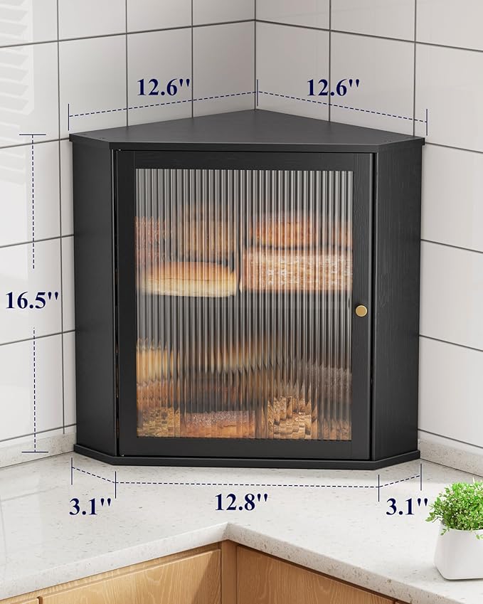 Kitsure Wooden Corner Bread Box for Kitchen Countertop, Large, Black | 2-Tier Bread Container with Magnetic Acrylic Door, Kitchen Counter Organizer for Snacks, Loaves,, Homemade Bread Storage - Image 2