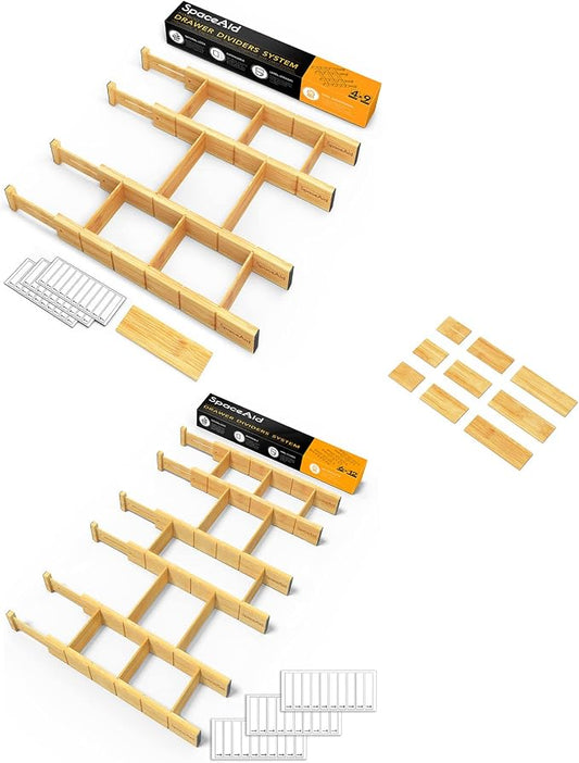 SpaceAid Bamboo Drawer Organizers with Labels, 4 Dividers with 9 Inserts (17-22 in), 6 Dividers with 12 Inserts (17-22 in) by SpaceAid