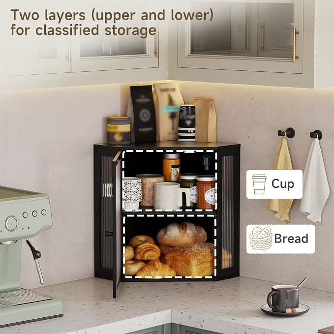 Corner Bread Box for Kitchen Countertop,Bread Storage (Black, Extra Large) | Double Layer Large Capacity Bamboo Bread Container Bin with Acrylic Door,Height Adjustable - Image 4