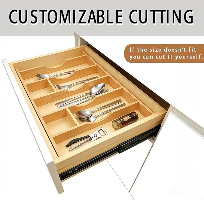 Silverware Drawer Organizer - Trim-to-Fit with Adjustable Dividers for Kitchen Utensil Storage, Beech Wood Frame with 11 Sizes (19.25" W x 22" D) - Image 6