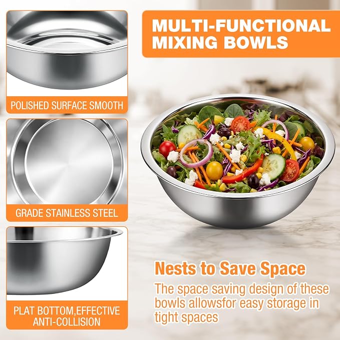 Stainless Steel Mixing Bowls Set - 4-Piece Polished Mirror Nesting Bowls 2 Pcs 8-Quart and 2 Pcs 16-Quart Flat Base Ideal for Kitchen, Cooking, Baking and Storage, Shallow - Image 3
