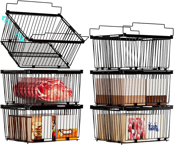 Large Freezer Organizer Bins for 5 to 9 Cu.Ft,Leak-Proof Bottom，6Pack | ANJUBANFreezer Organizer Bins, Stackable,expandable,foldable,With handle Wire Storage Container Baskets for Sort Frozen Meats by ANJUBAN