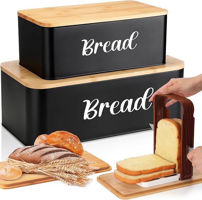 Teenyyou 2 Pcs Extra Large Bread Box with Slicer, Metal Bread Storage Container with Bamboo Cutting Board Lids, 2 Sizes Farmhouse Breadbox Set for Kitchen Countertop(Black) by Teenyyou