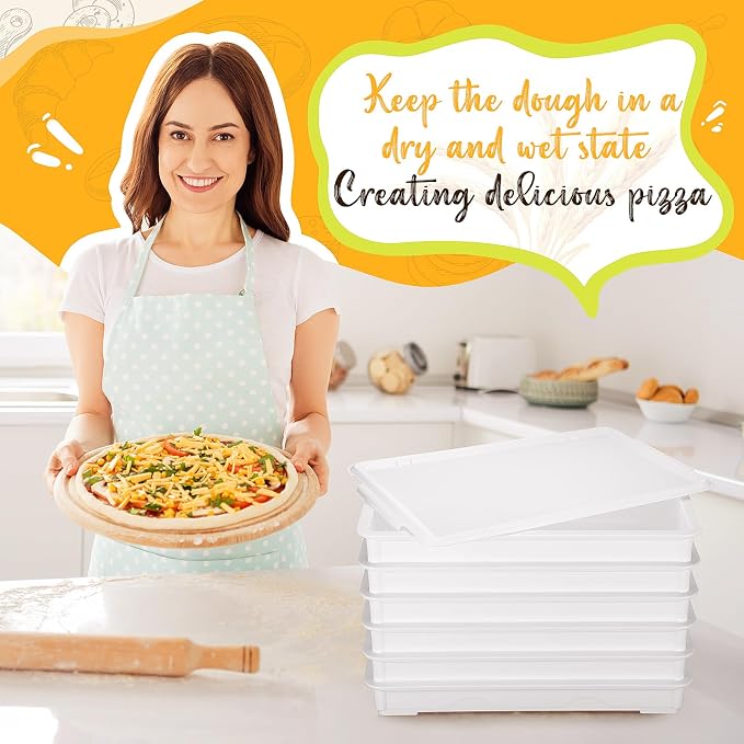 Tioncy 6 Pack White Pizza Dough Proofing Box Tray with Lid 22.44" x 15" x 2.8" Stackable Dough Proofing Containers for Pizza Bread Resistance to Impact Temperature Changes Commercial Family Use - Image 6