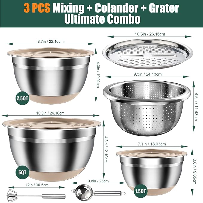Stainless Steel Mixing Bowls Set with Lids & Silicone Base - 7-Piece Kitchen Gadgets Includes Colander, Grater, Egg Separator, Whisk - Nesting Bowls (1.5, 2, 2.5, 4.5 QT), Dishwasher Safe, Khaki - Image 6