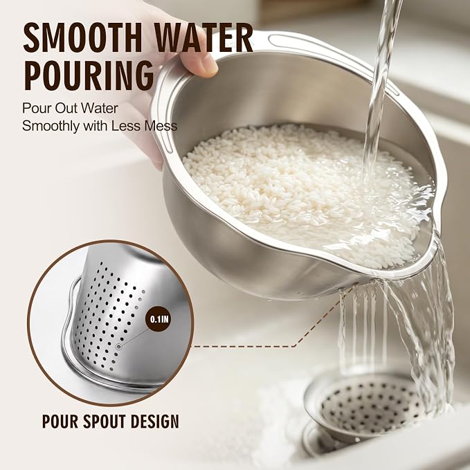 Palksky Rice Strainer & Rice Washing Bowl Stainless Steel - 5.6 Qt Professional Fine Mesh Rice Washer for Kitchen - Heavy Duty Rice Rinser, Cleaner & Drainer Colander for Quinoa, Grains & Fruit - Image 2
