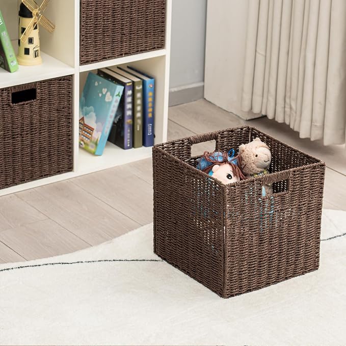 Handwoven Paper Woven Cube Basket Organizer with Handles set of 4 Foldable Storage baskets for Bedroom Living Room Cubby Storage Units for Clothes Books Toys (Brown, 13" L x 13" W x 13" H) - Image 8